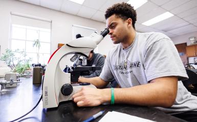 A student is looking through a microscope. 