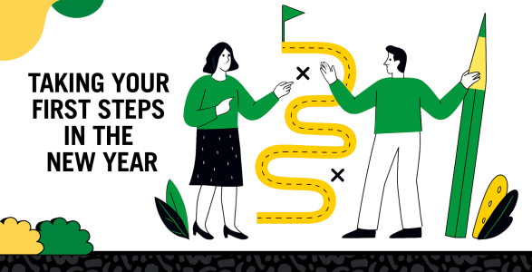 Graphic of two cartoon people strategically planning