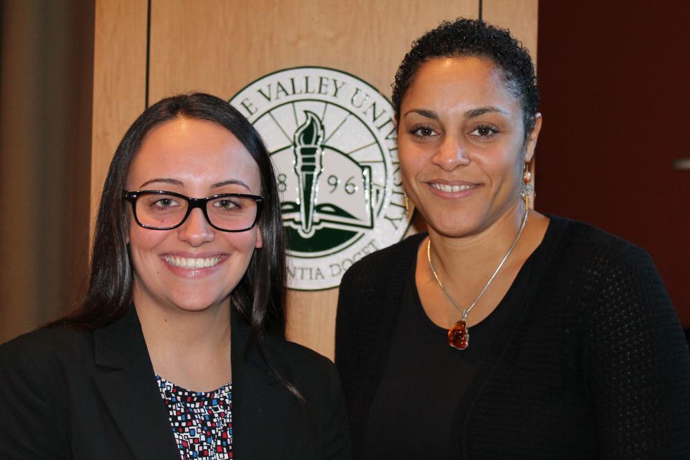 Watson scholarship winner Gina Misnik with speaker Ifeoma Aduba.