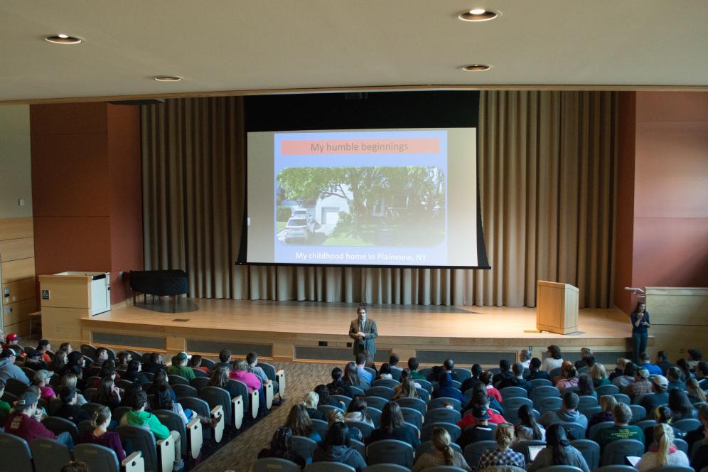 Watson Event Speaker, Goetz in the Life Sciences Building Auditorium Speaking to Students