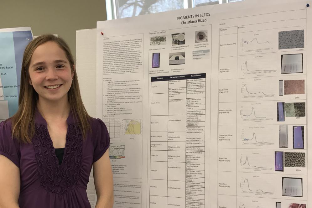 A student is standing by their research work on a presentation board.