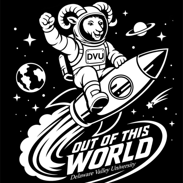 A logo of this year's homecoming theme "out of this world", featuring Caesar on a rocket ship.