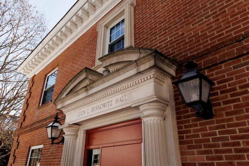 The front door of Berkowitz hall on a winter day. 