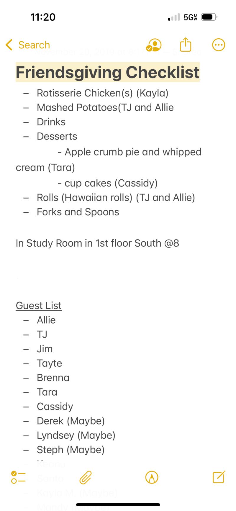 Screenshot of an iPhone note of a Friendsgiving checklist