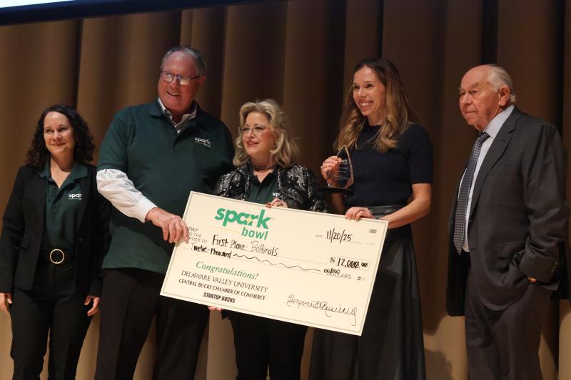 Bottimals, winner of the sixth annual Spark Bowl, being presented their $12,000 prize. (L-R: Dr. Tanya Casas, DelVal dean of the School of Business, Arts and Sciences, Barry Fleck, VP and board member of Startup Bucks, Theresa Fera, president and CEO of Central Bucks Chamber of Commerce, Julienne Gardner, founder of Bottimals, William Schutt, Spark Bowl judge)