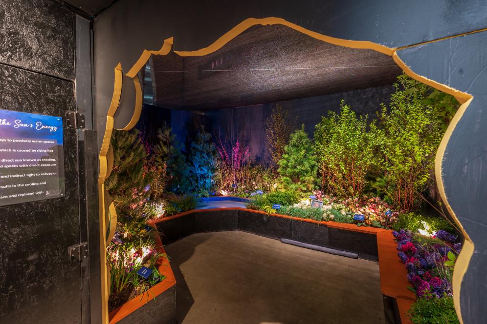 Philadelphia 2023 Flower Show Exhibit featuring colorful flowers and painted architecture. 