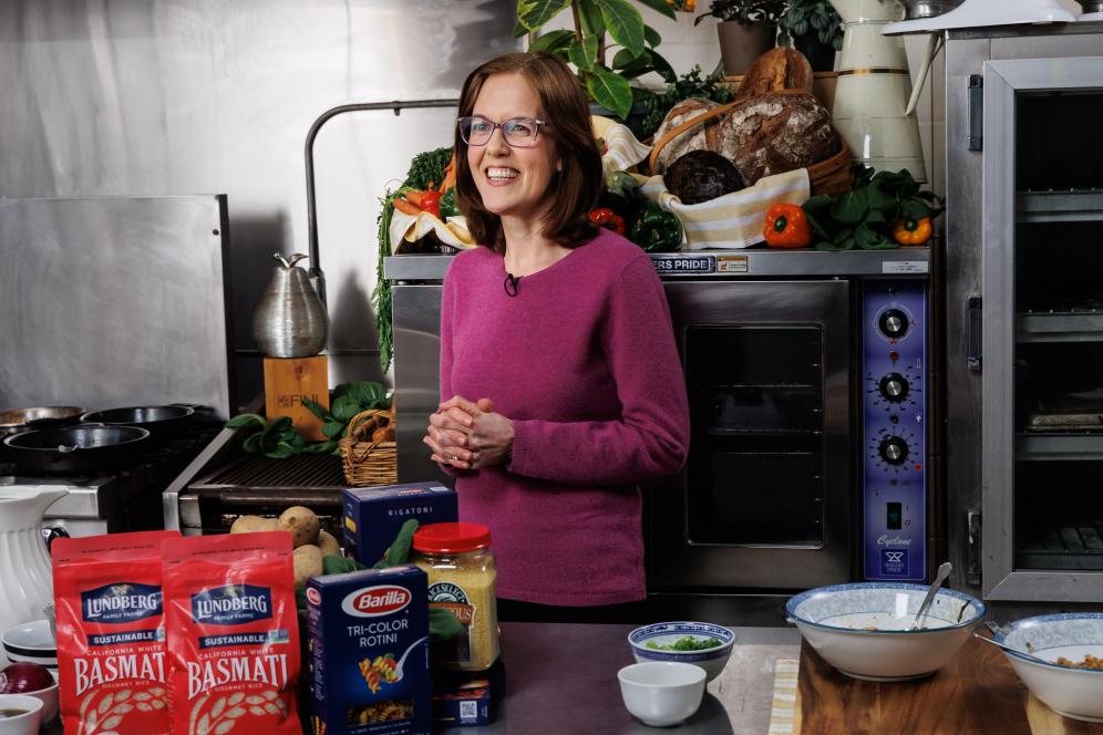 Dr. Laura Herbst is in the Mandell Food Science Preparation Room speaking to an interviewer. 